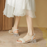 Tacones plisados estilo hada gruesos de cristal de verano para mujer